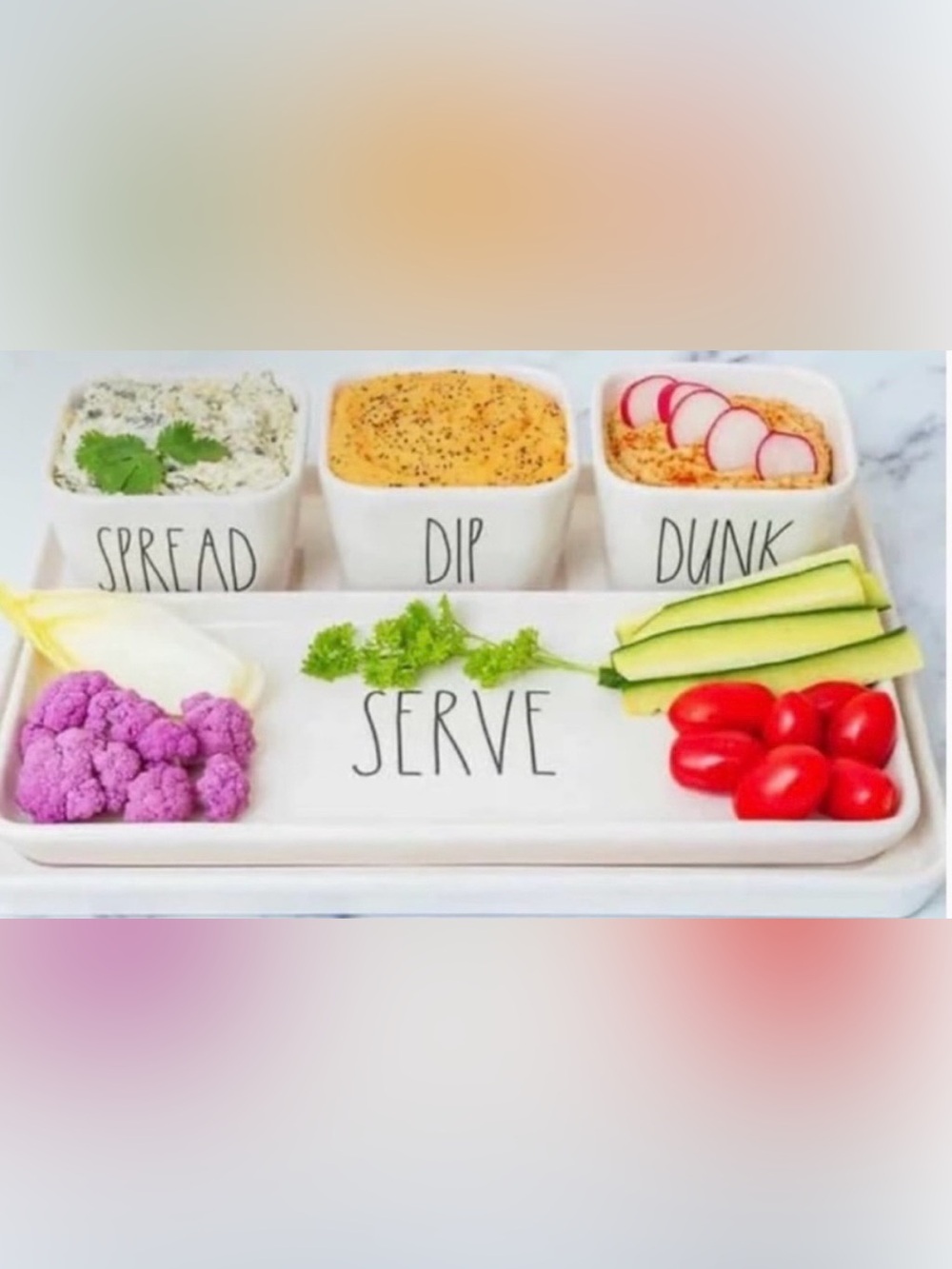 Rae Dunn Serve Ceramic Snack Tray Set with Three Dip Bowls - White